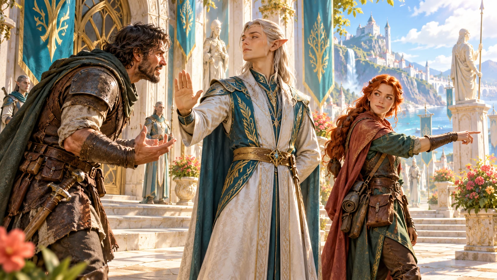 An elven official holds a steady hand toward an angry adventurer while a companion points toward an exit in a sunlit courtyard.