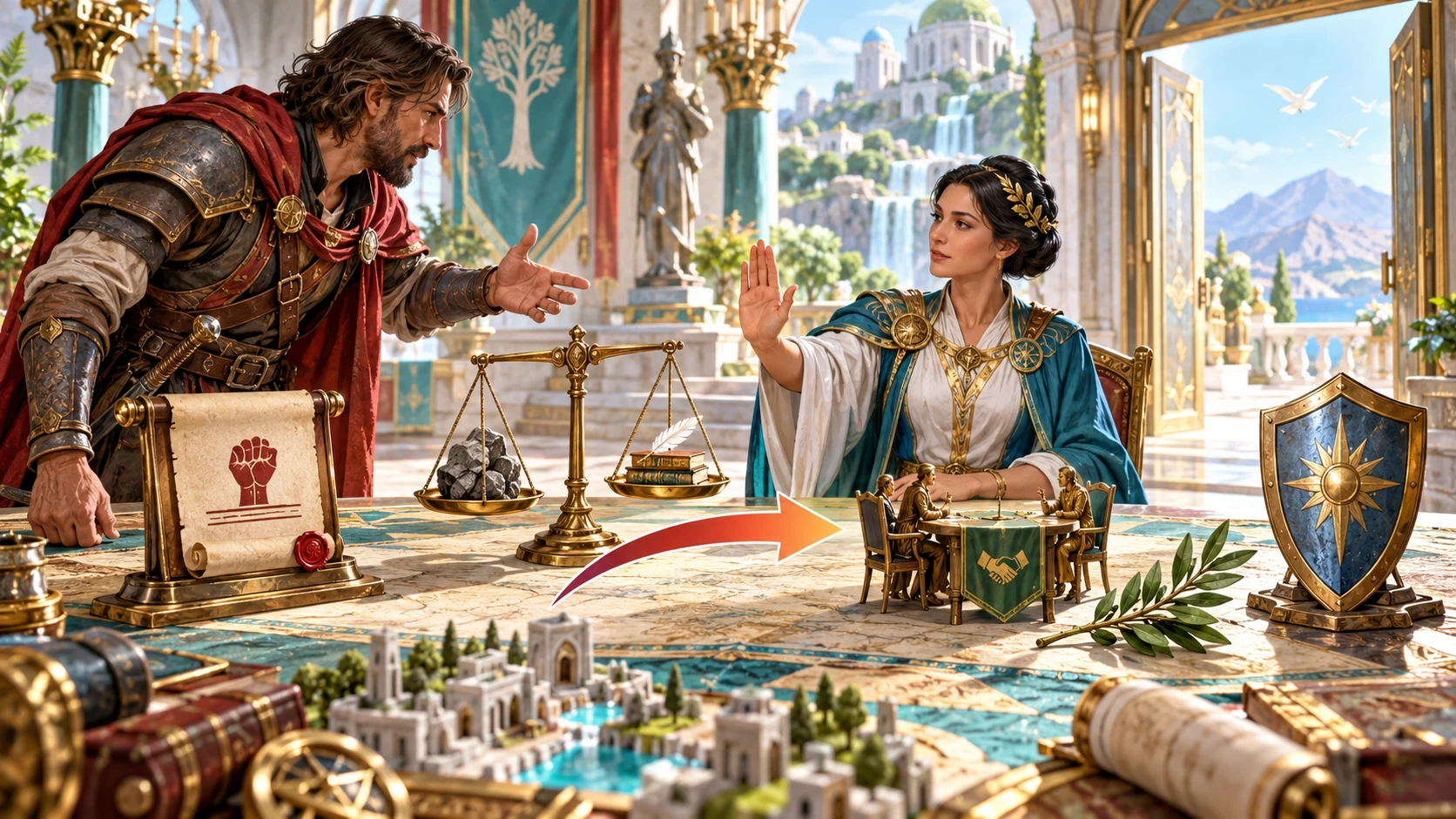 An official responds to an adventurer beside scales, a threat scroll and a miniature meeting table, illustrating a pressure shift toward discussion.