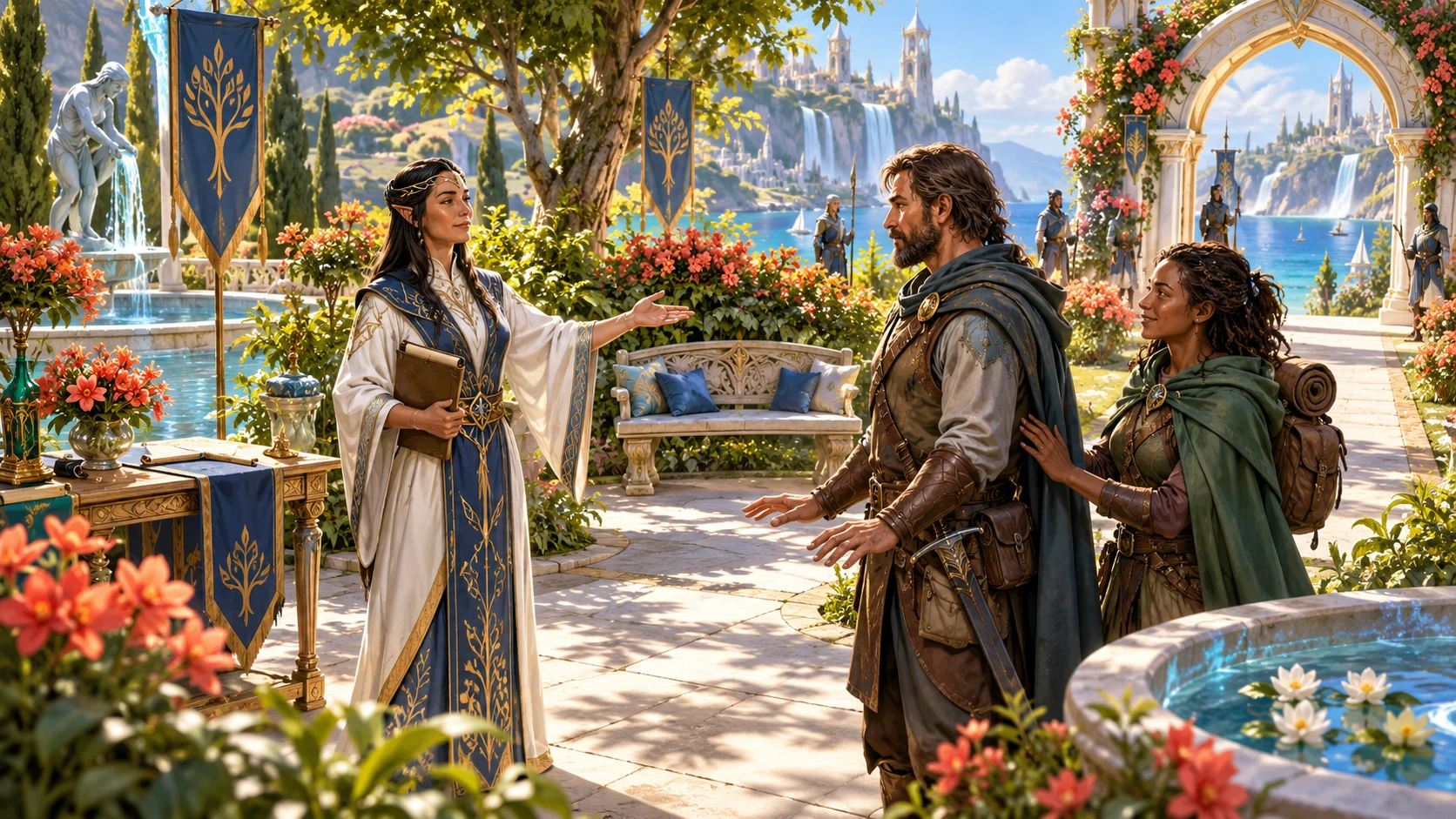 An official offers an open-handed response in a council garden while a companion steadies the adventurer and indicates another way forward.